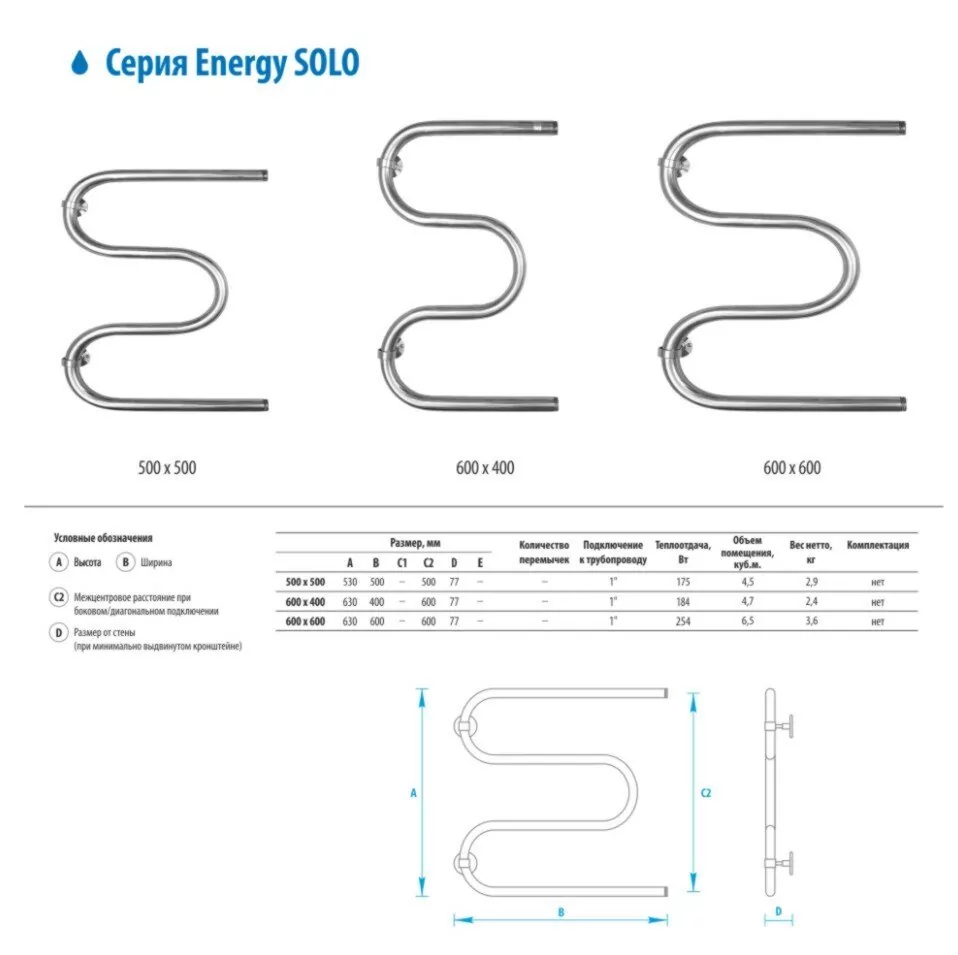 Полотенцесушитель водяной Energy Solo 500x500 хром
