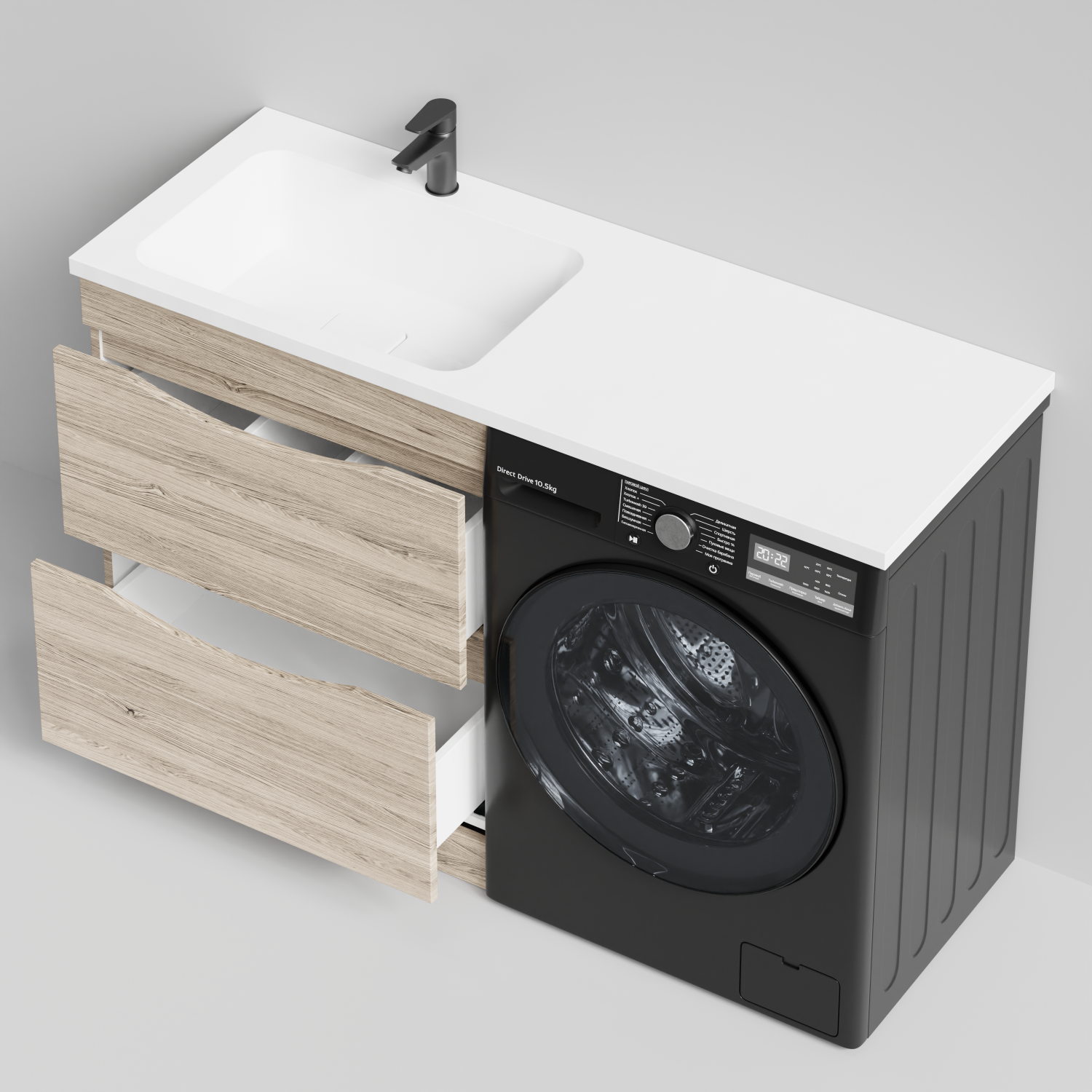 Тумба Vod-ok 68 с раковиной Смайл 130 напольная, под стиральную машину, левая, Дубослив ореховый светлый