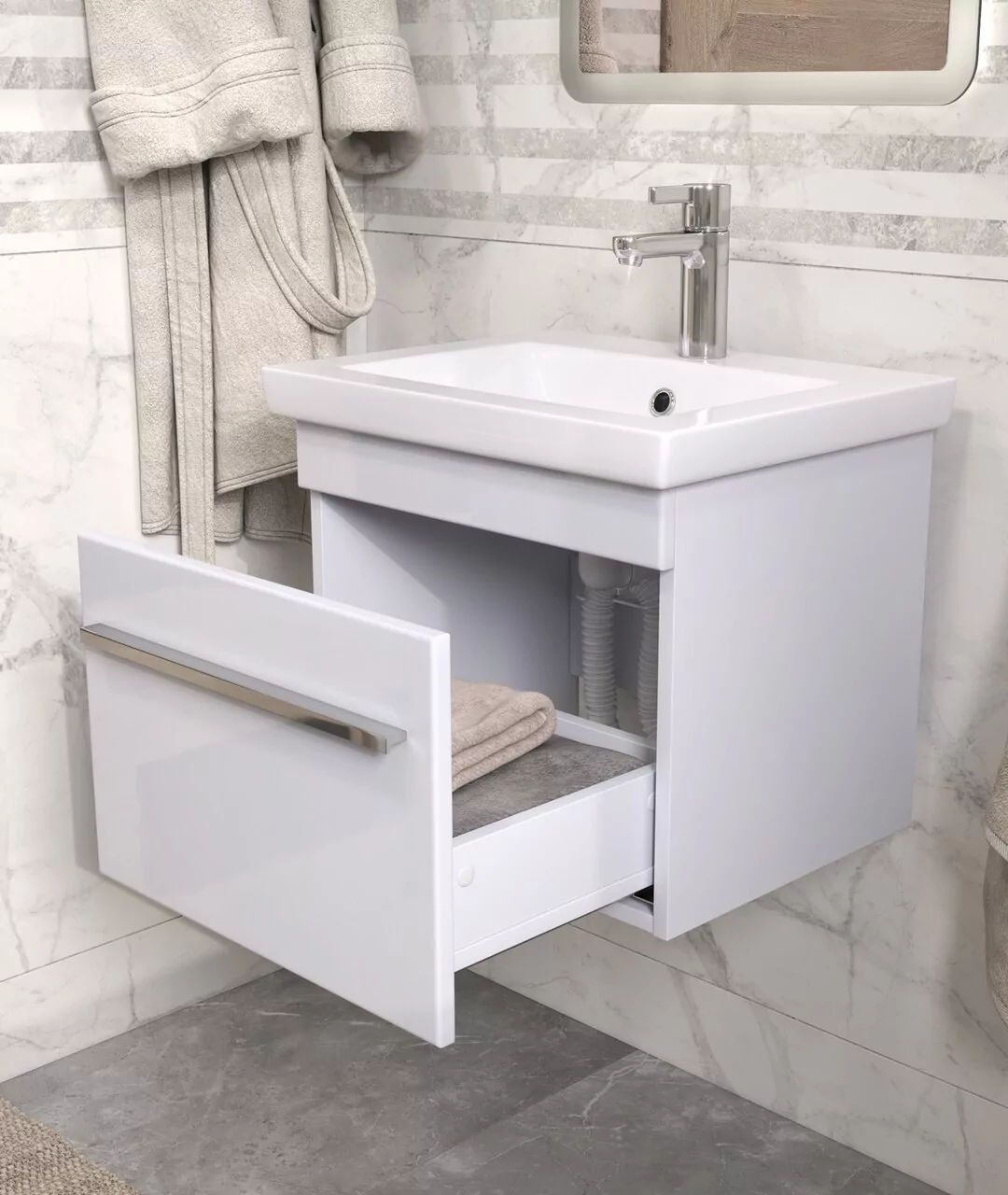 Тумба подвесная Vigo Land 50 с раковиной Como 50, 1 ящик, белый