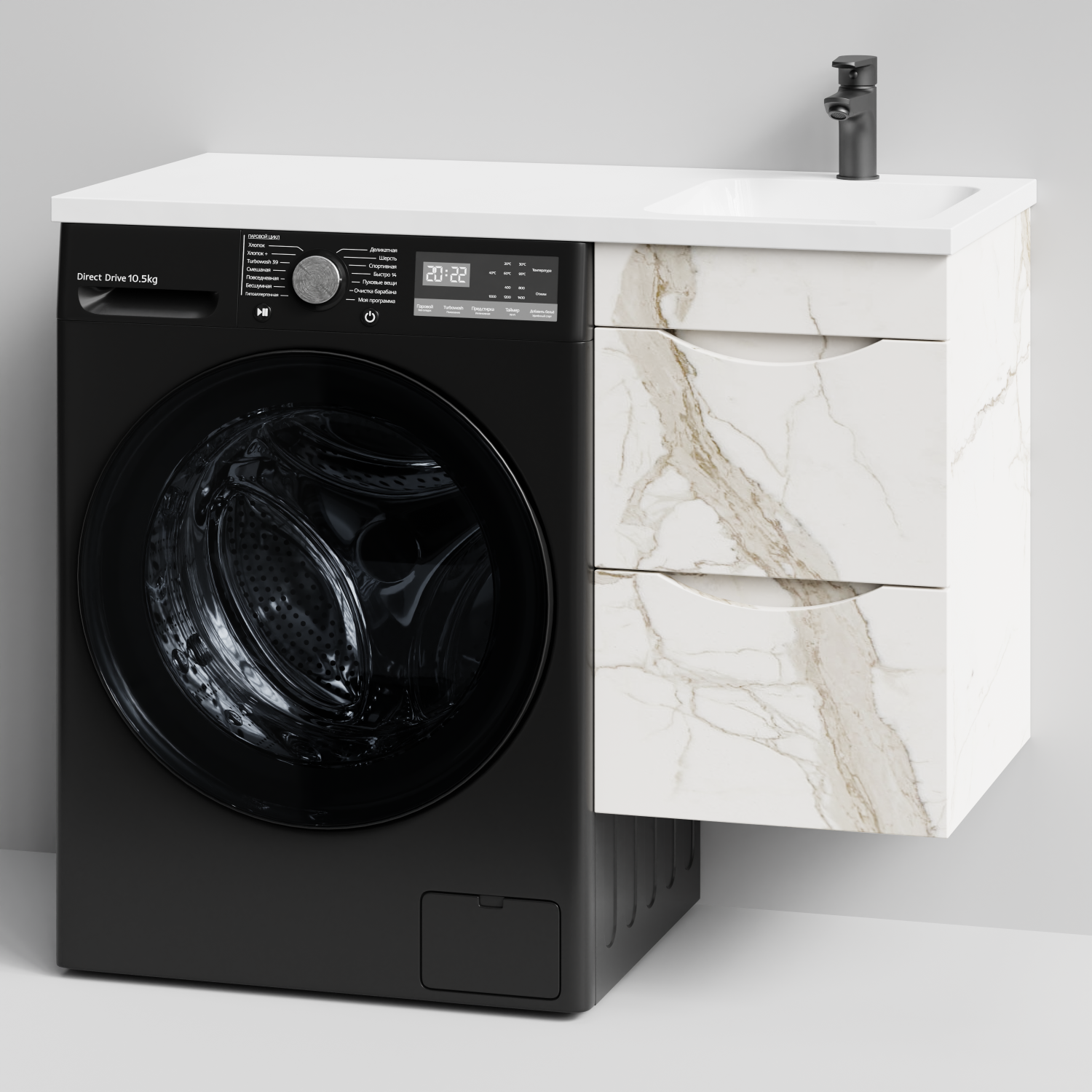 Тумба Vod-ok 38 с раковиной Смайл 100 подвесная, под стиральную машину, правая, Мрамор Белый натур милк