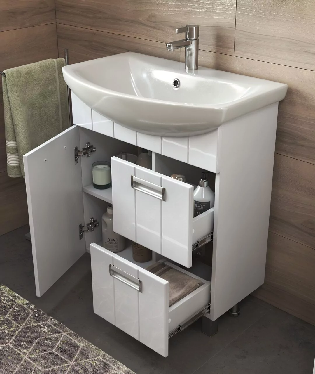 Тумба напольная Vigo Diana 70 с раковиной Балтика 70, 1 дверь, 2 ящика, белый