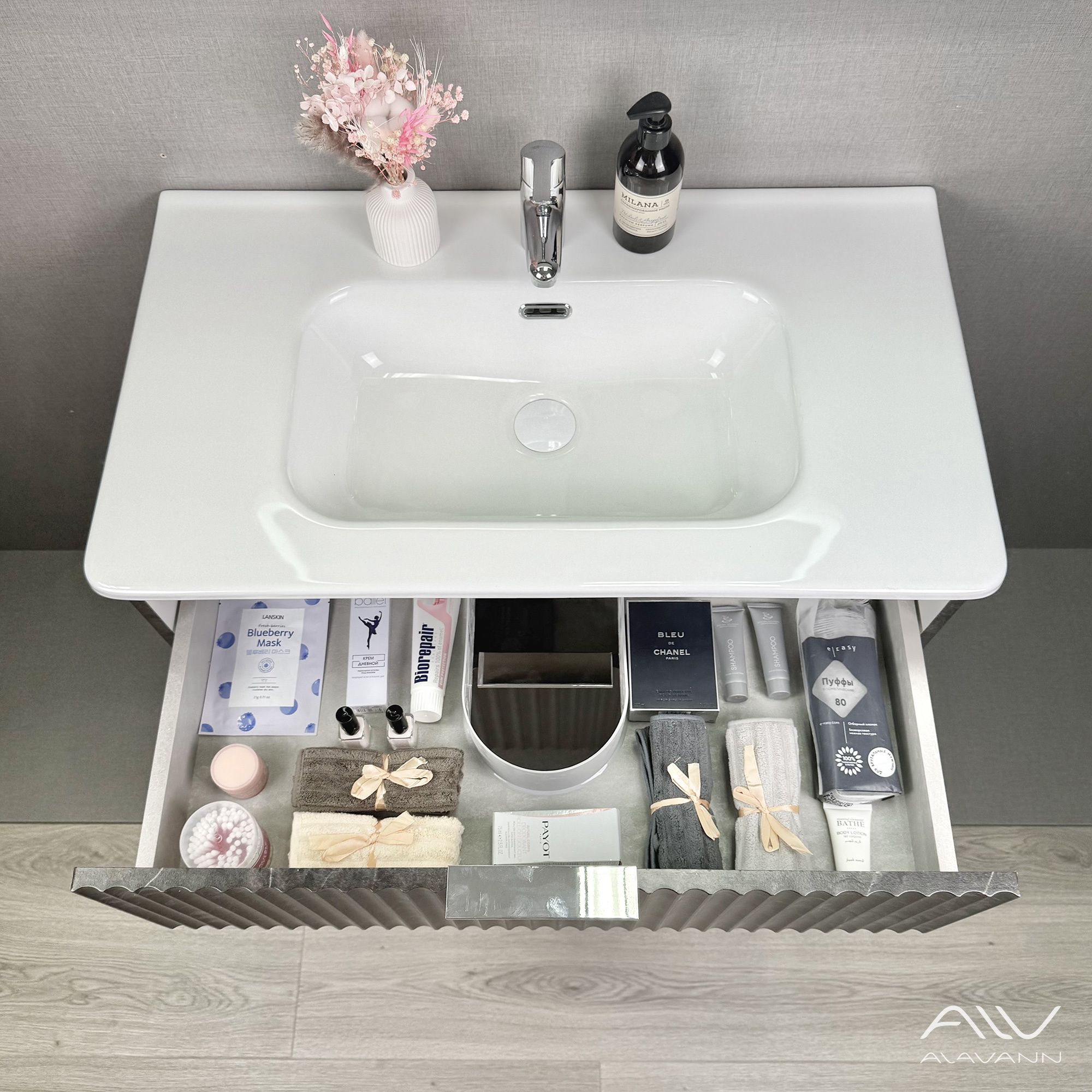 Тумба подвесная Alavann Anna 80 с раковиной Rado 80, черный мрамор
