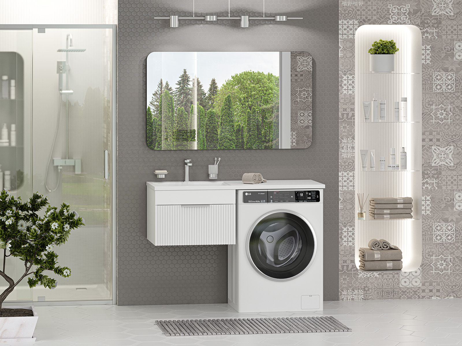 Тумба с раковиной Brevita Enfida 60 под стиральную машину подвесная, с раковиной Эстет Даллас 120 L, белый