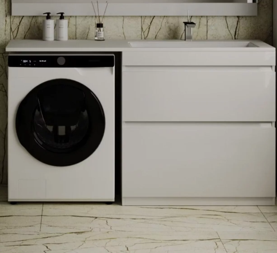 Тумба напольная Style Line Даллас 150 люкс plus ПВХ с раковиной Даллас 150 под стиральную машину, 2 ящика, правая, белая