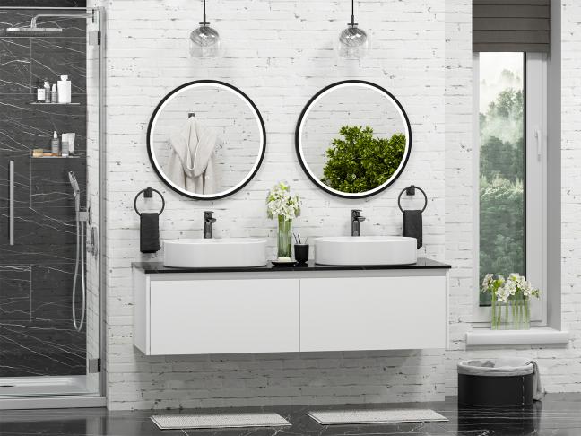 Тумба подвесная Misty Виста 150 с 2 раковинами и столешницей черный мрамор, белый