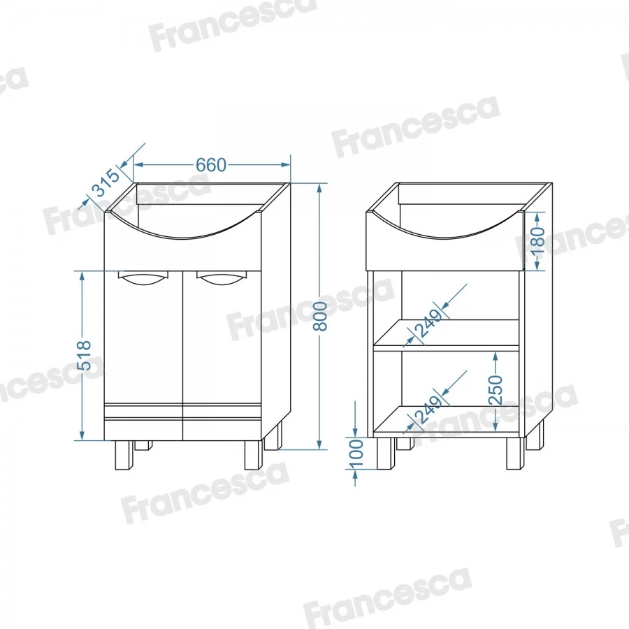 Тумба с раковиной Francesca Доминго 70 напольная, 2 двери, белая