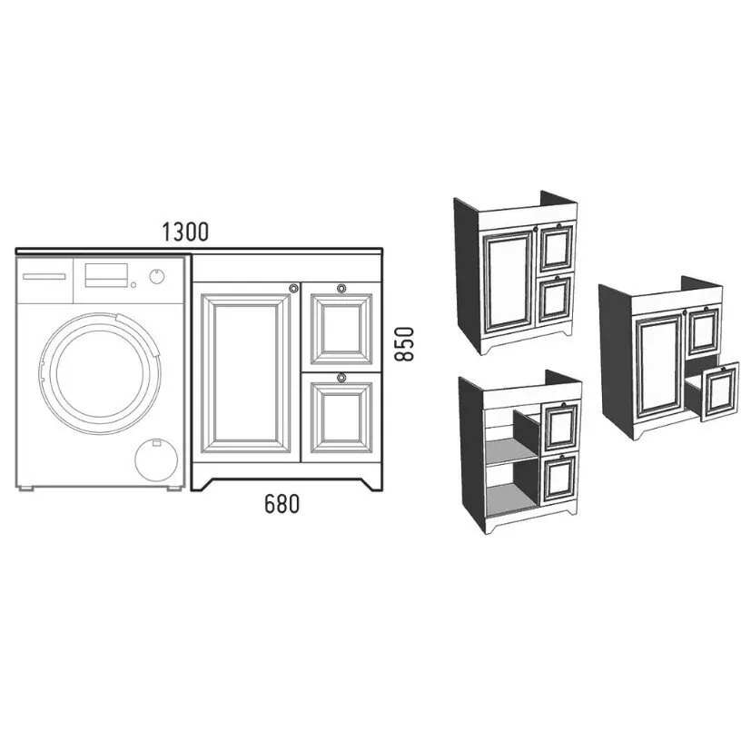 Тумба напольная Corozo Леон 68 с раковиной Мадлен 130 R под стиральную машину, белая