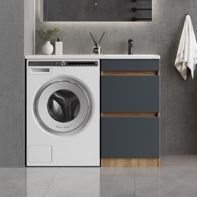 Тумба напольная Onika Милтон 58 с раковиной Марсал 120 под стиральную машину, правая, серая/дуб сонома