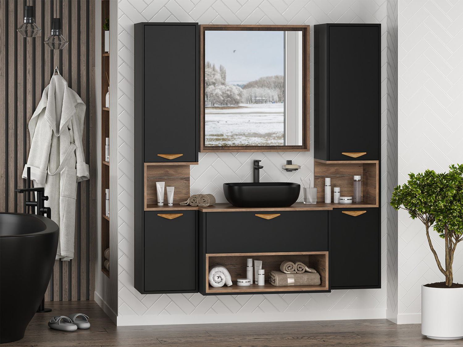 Тумба с раковиной Brevita Bergen 80 с подсветкой подвесная, черный/дуб галифакс