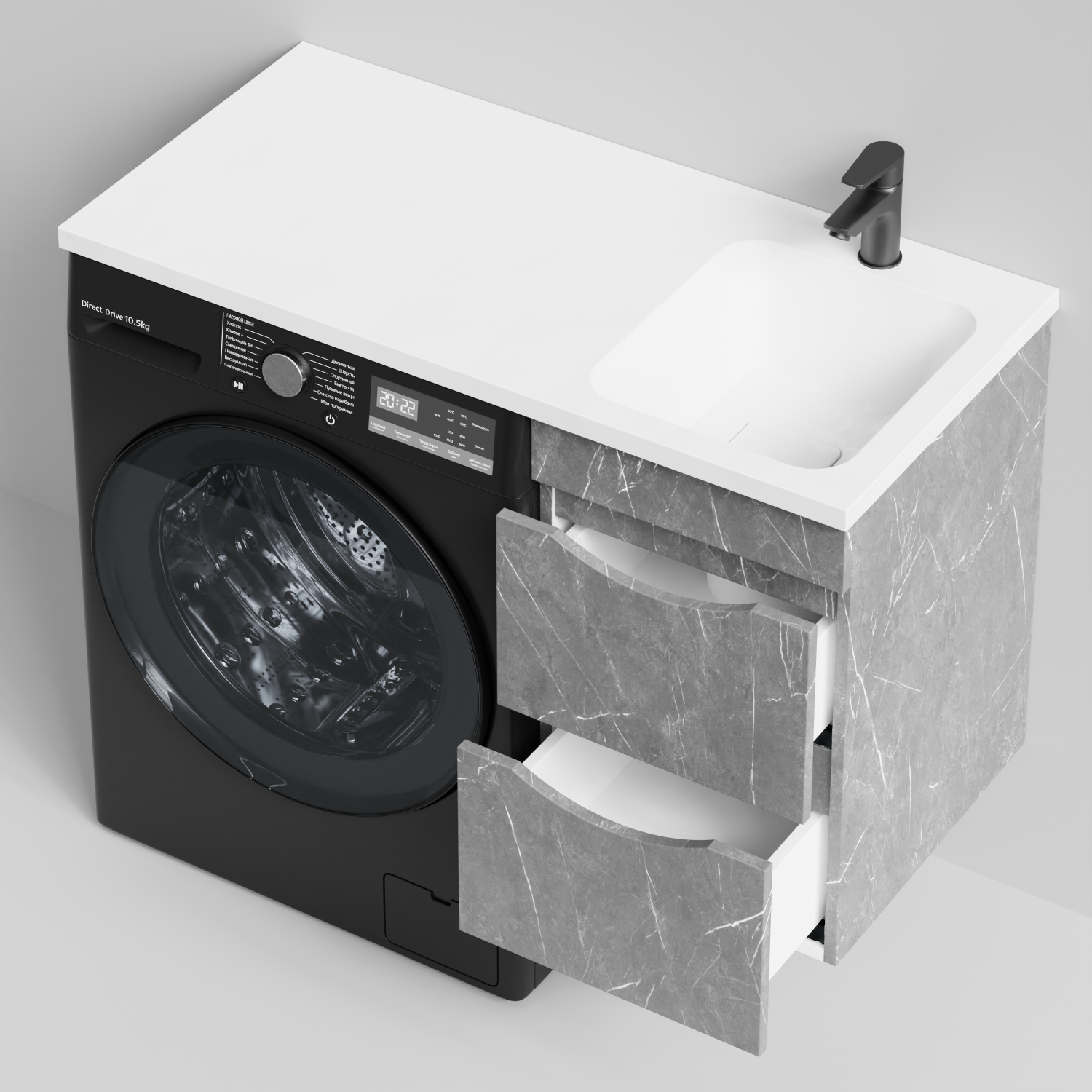 Тумба Vod-ok 38 с раковиной Смайл 100 подвесная, под стиральную машину, правая, Мрамор Серый софт тач