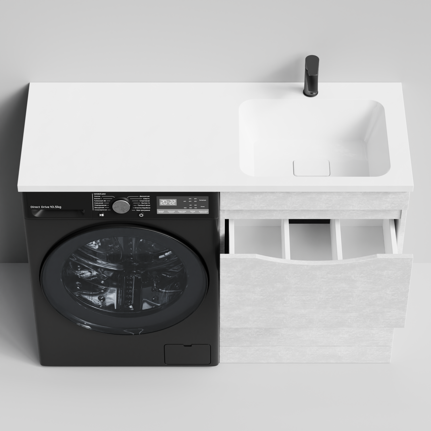 Тумба Vod-ok 58 с раковиной Смайл 120 напольная, под стиральную машину, правая, Белый камень