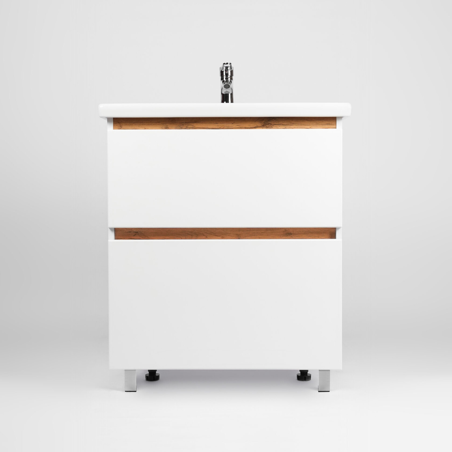 Тумба напольная Viant Мальта 60 с раковиной Como 60, два ящика, белый/дуб Вотана