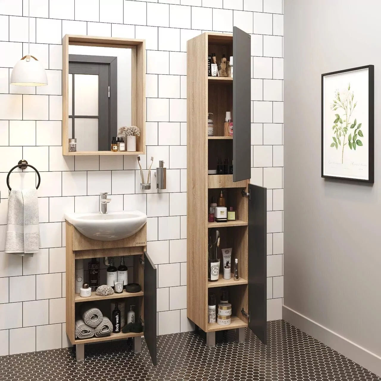 Тумба с раковиной Onika Милтон 45 напольная, серый/дуб сонома