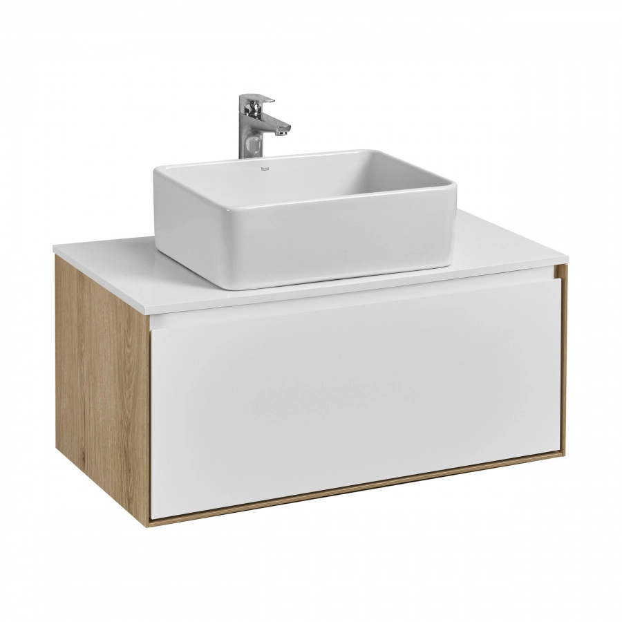 Тумба подвесная AQUATON Либерти 90, столешница белая, раковина MILA 50х35, дуб эльвезия