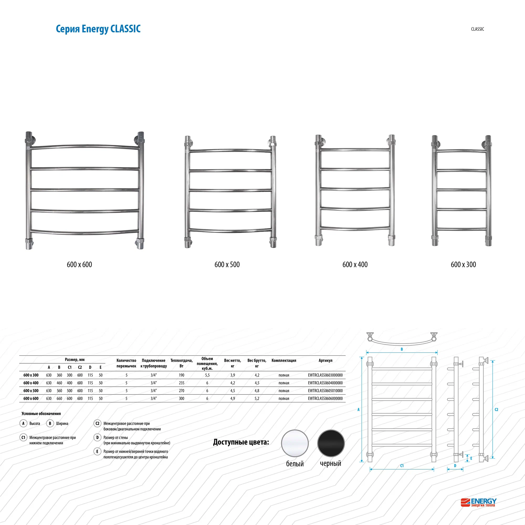 Полотенцесушитель водяной Energy Classic 800x500 черный матовый, тип "лесенка", нержавеющая сталь, подключение 3/4"