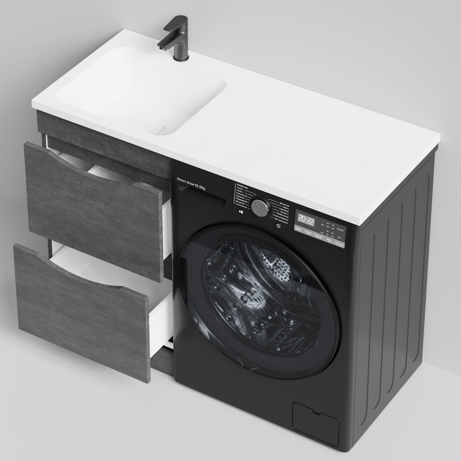 Тумба Vod-ok 48 с раковиной Смайл 110 напольная, под стиральную машину, левая, Серый камень