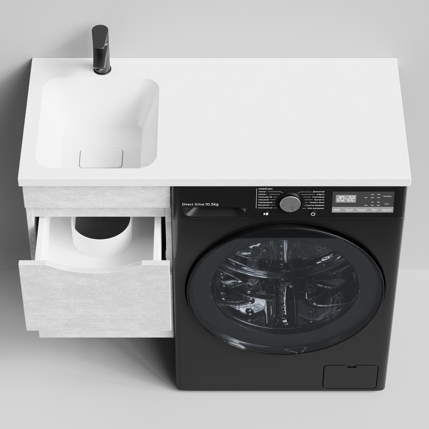 Тумба Vod-ok 38 с раковиной Смайл 100 подвесная, под стиральную машину, левая, Белый камень