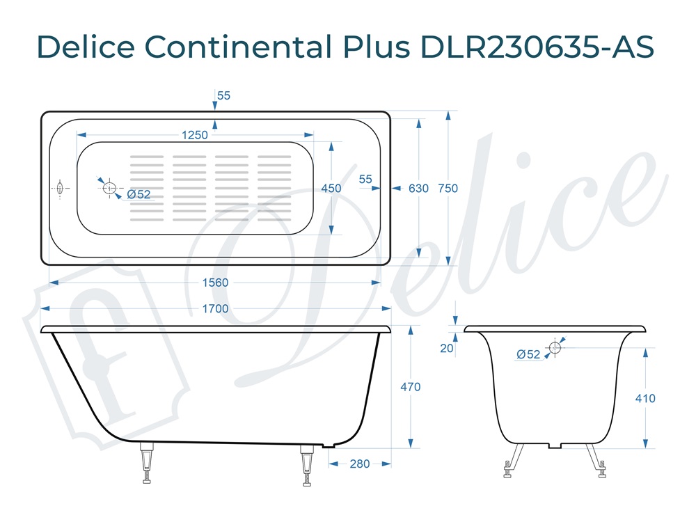 Ванна чугунная Delice Continental PLUS 170х75 DLR230635-AS с антискользящим покрытием