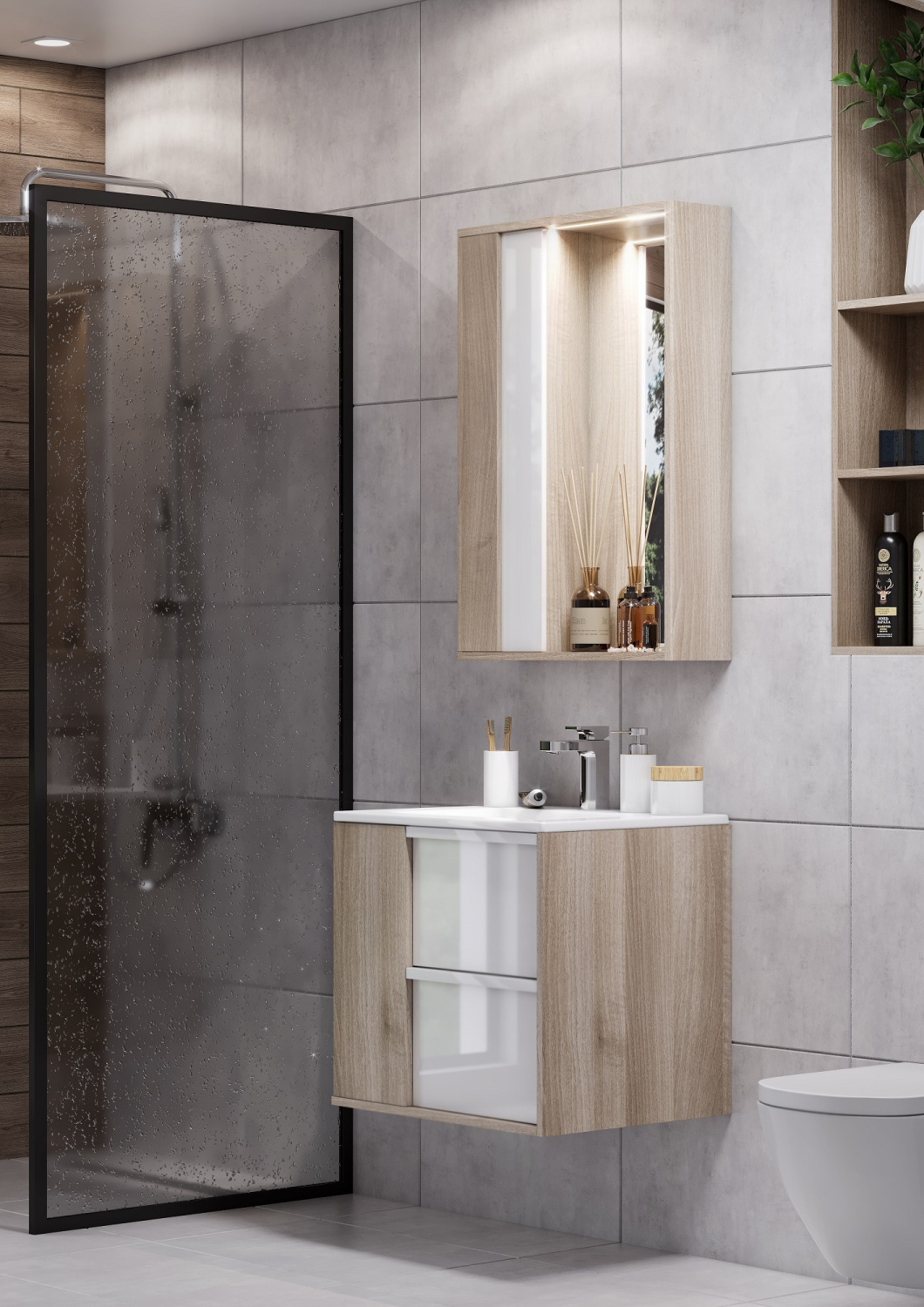 Тумба подвесная Aquaton Бостон 60 с раковиной Элина 60, дуб эврика