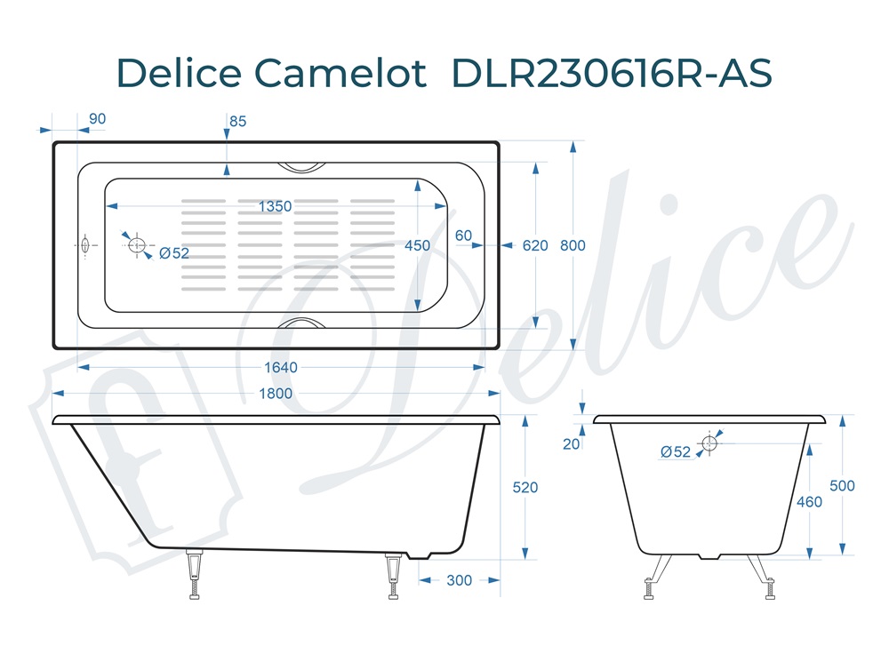 Ванна чугунная Delice Camelot 180х80 DLR230616R-AS с отверстиями под ручки и антискользящим покрытием