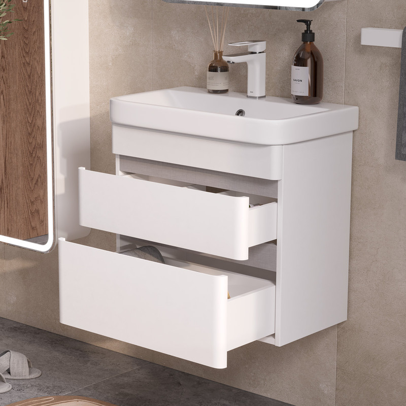 Тумба с раковиной EQUIL Nice 70 подвесная, 2 ящика, белый софт
