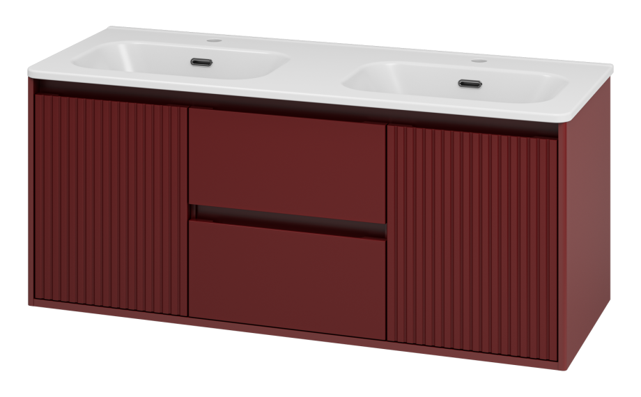 Тумба с раковиной Brevita Wine 120 подвесная (бордовая) с раковиной Brevita Onda 120 с двумя чашами