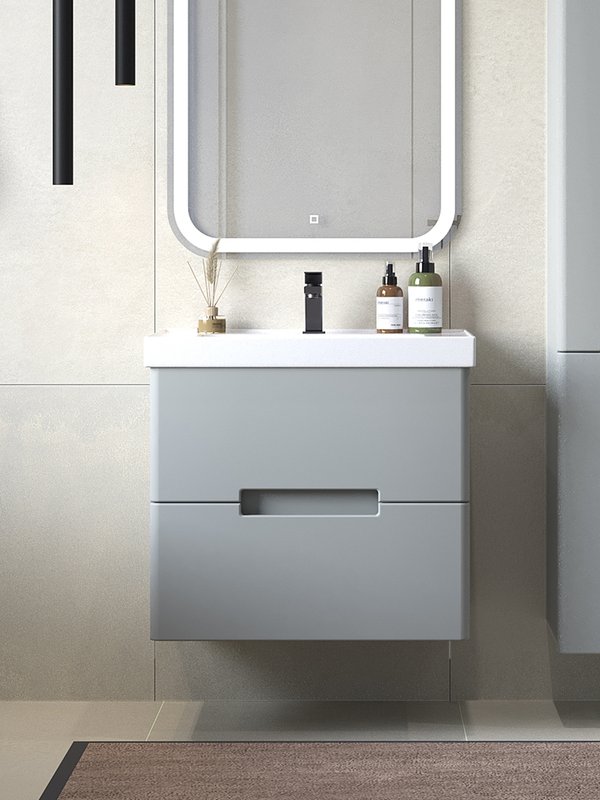 Тумба подвесная SanStar Ориана 60 с раковиной Квадро 60 (комплект), грей