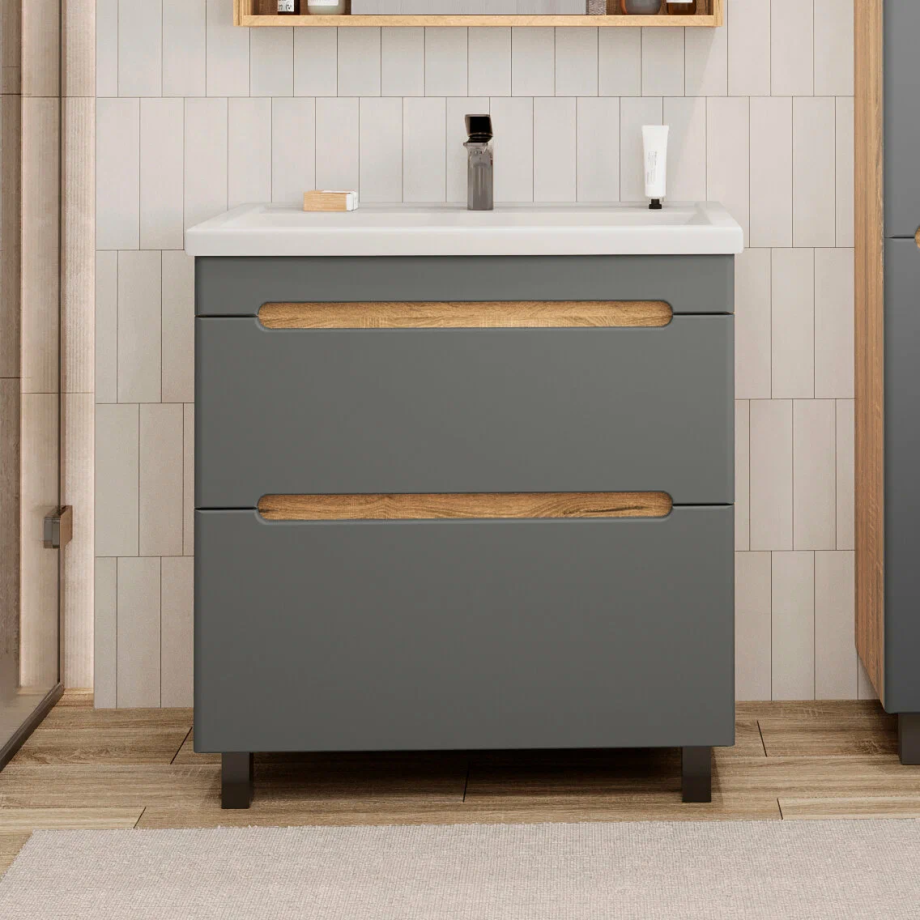 Тумба напольная SanStar Diva 80 с раковиной Como 80 Дуб вотан, графит софт