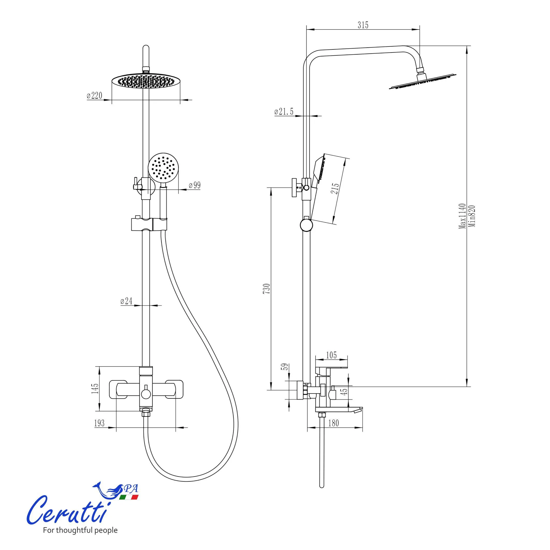 Душевая стойка Ceruttispa OVIDIO RSBN из нержавеющей стали, цвет матовый никель