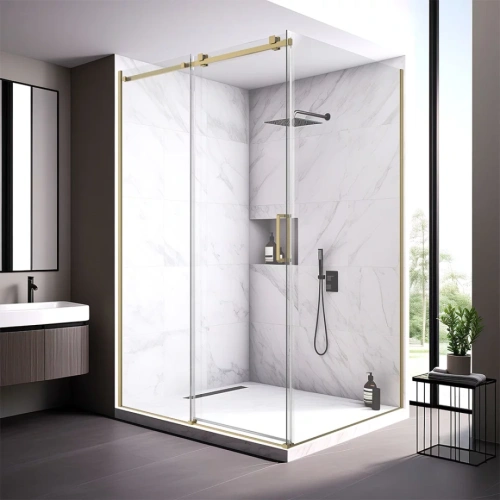 Душевой угол Veconi Rovigo RV-075G, 1300х900х2000 золото брашинг, стекло прозрачное от магазина Vanna-Vanna.ru!