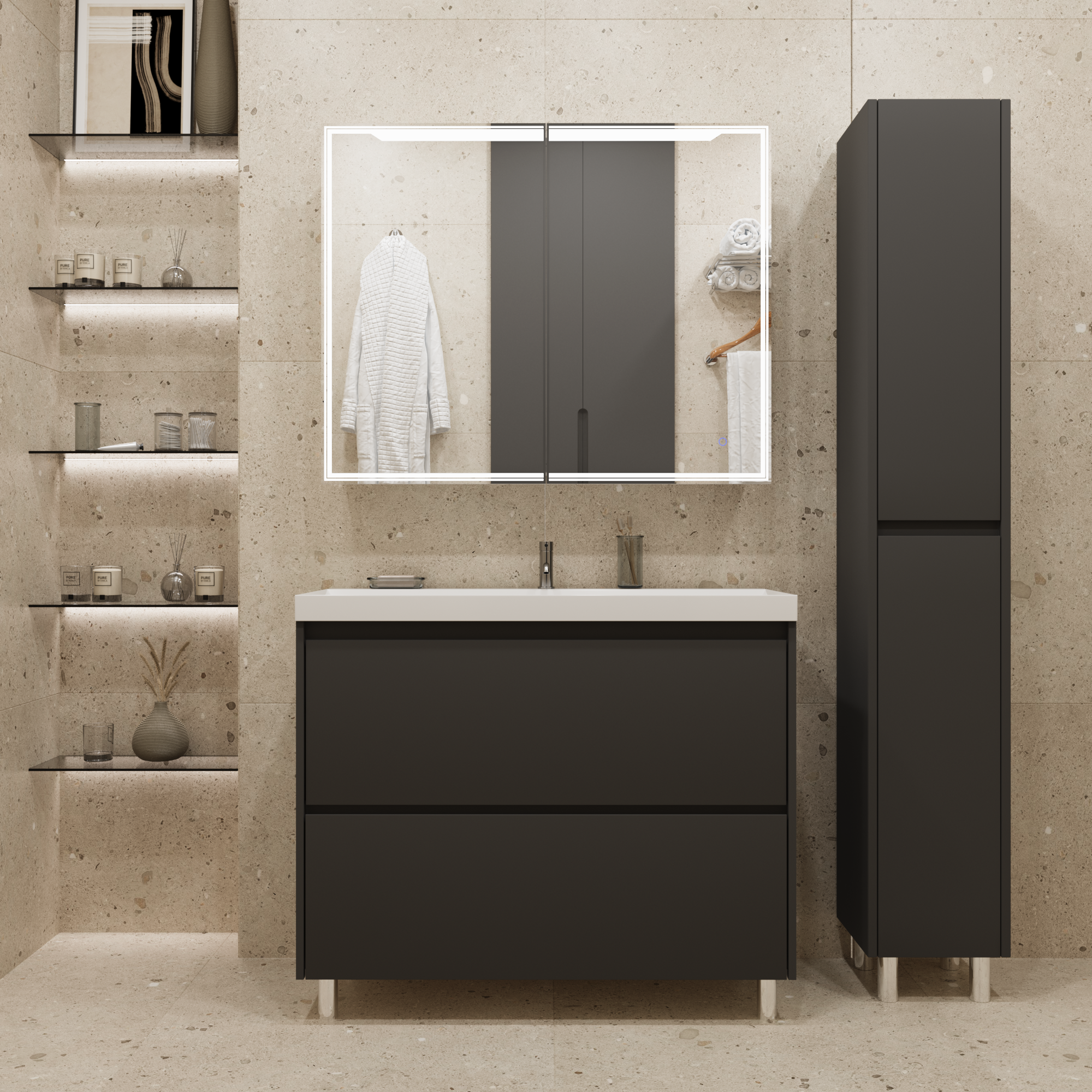 Тумба с раковиной Stella Polar Борнео 100, 2 ящ., Люкс, напольная, графит матовый