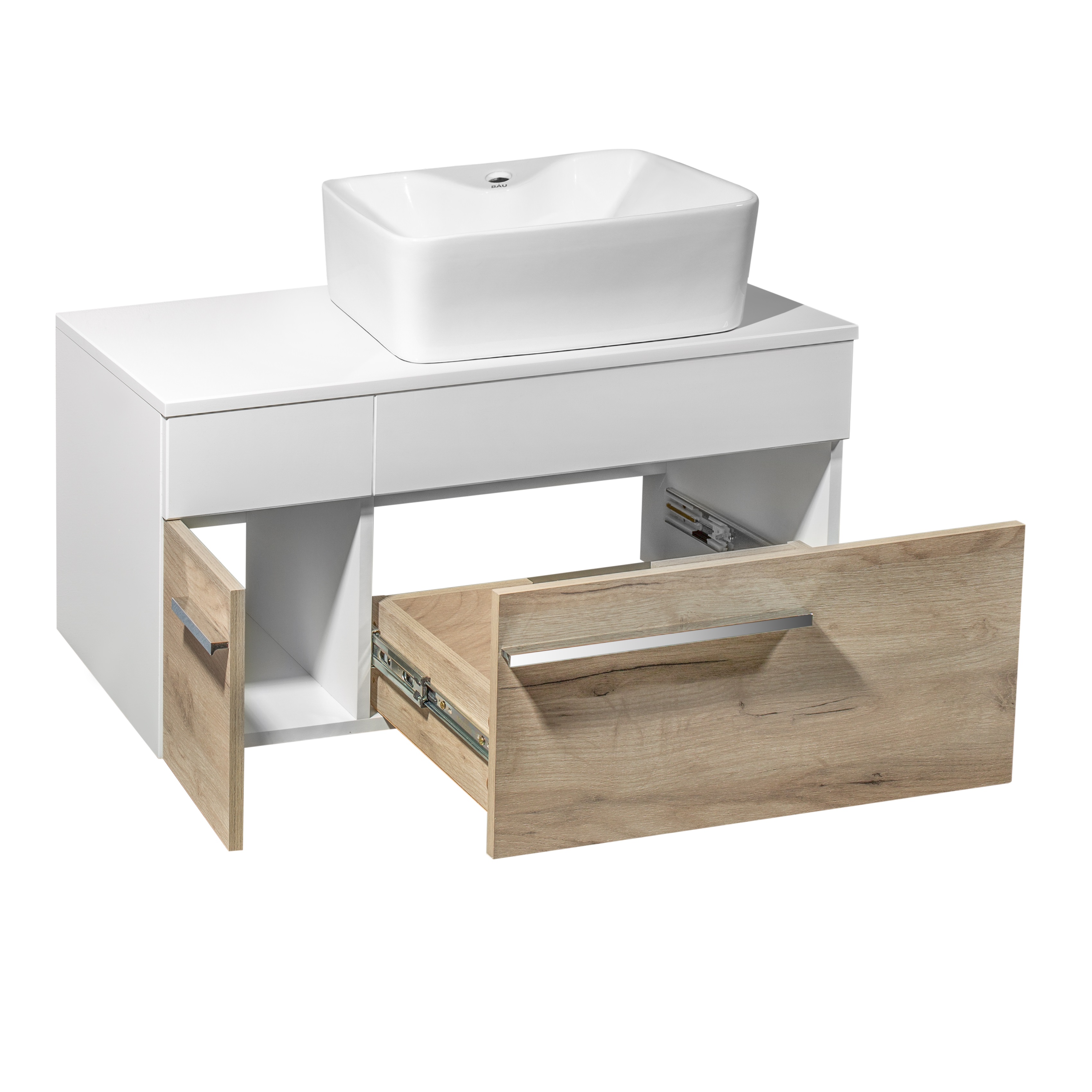 Тумба подвесная Runo Вудлайн 85 крафтовый дуб/белый под накладную раковину