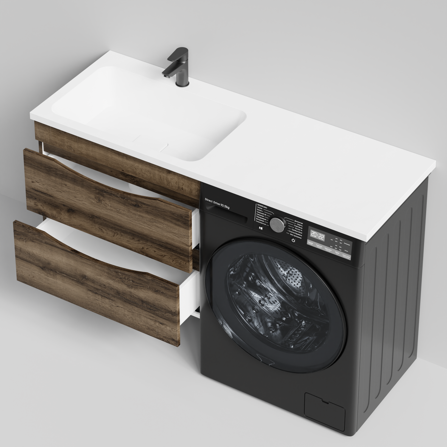 Тумба Vod-ok 68 с раковиной Смайл 130 подвесная, под стиральную машину, левая, Дуб крымский коричневый