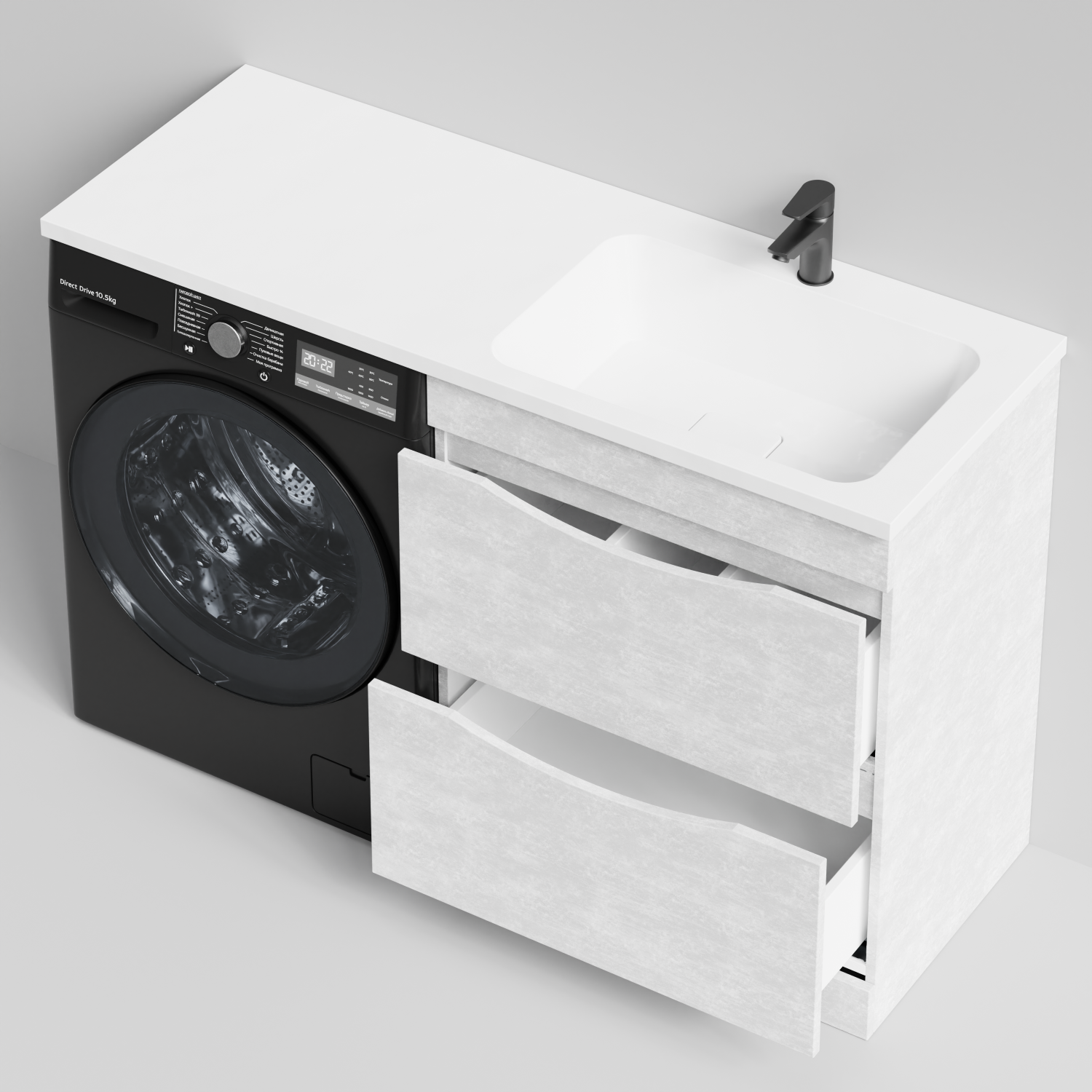Тумба Vod-ok 68 с раковиной Смайл 130 напольная, под стиральную машину, правая, Белый камень