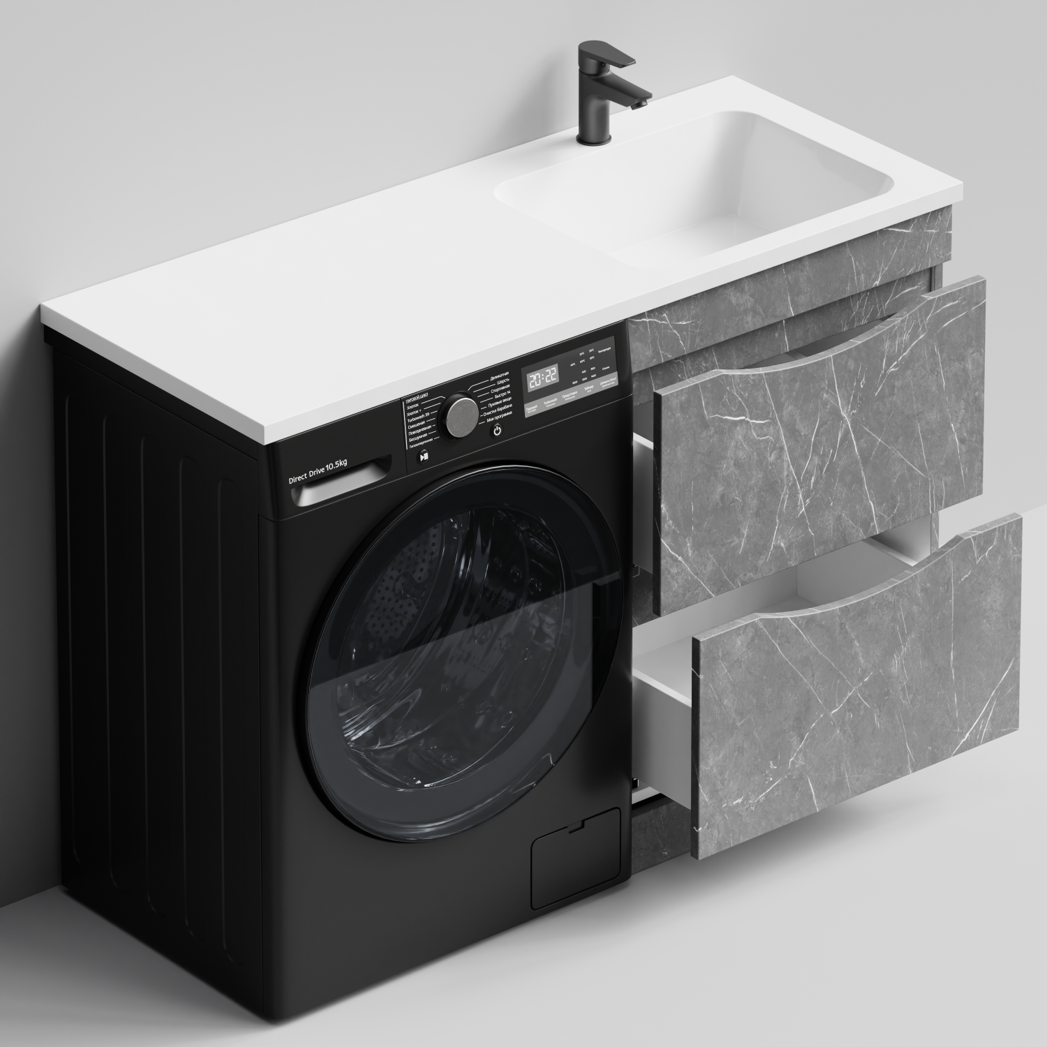 Тумба Vod-ok 58 с раковиной Смайл 120 напольная, под стиральную машину, правая, Мрамор Серый софт тач