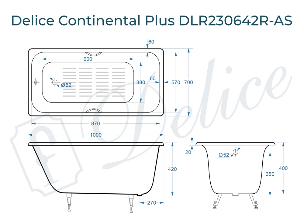 Ванна чугунная Delice Continental PLUS 100х70 DLR230642R-AS с отверстиями под ручки и антискользящим покрытием