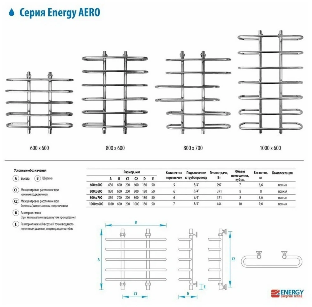 Полотенцесушитель водяной Energy Aero 800x600 белый матовый, окрашенная нержавеющая сталь AISI304, подключение 3/4" от магазина Vanna-Vanna.ru!