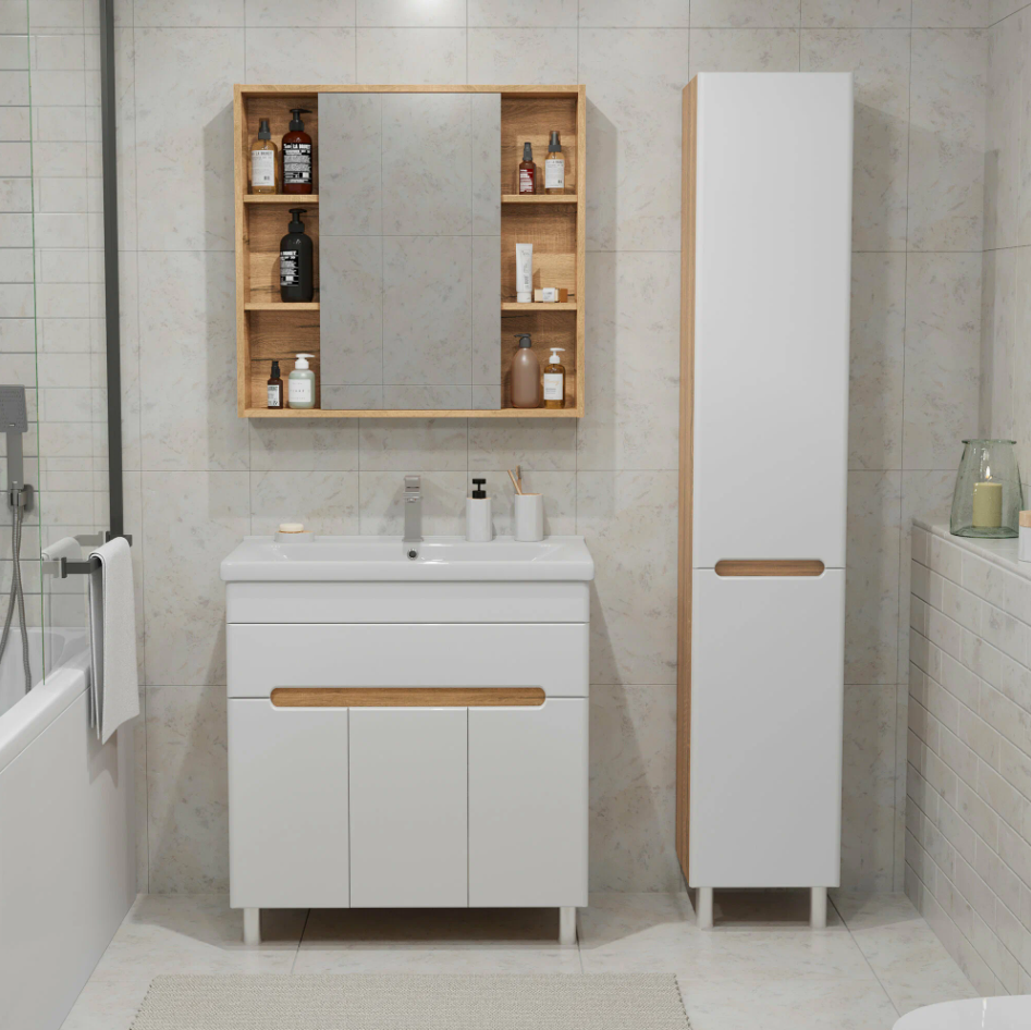 Тумба напольная SanStar Модена 80 с раковиной Фест 80, белая, дуб вотан