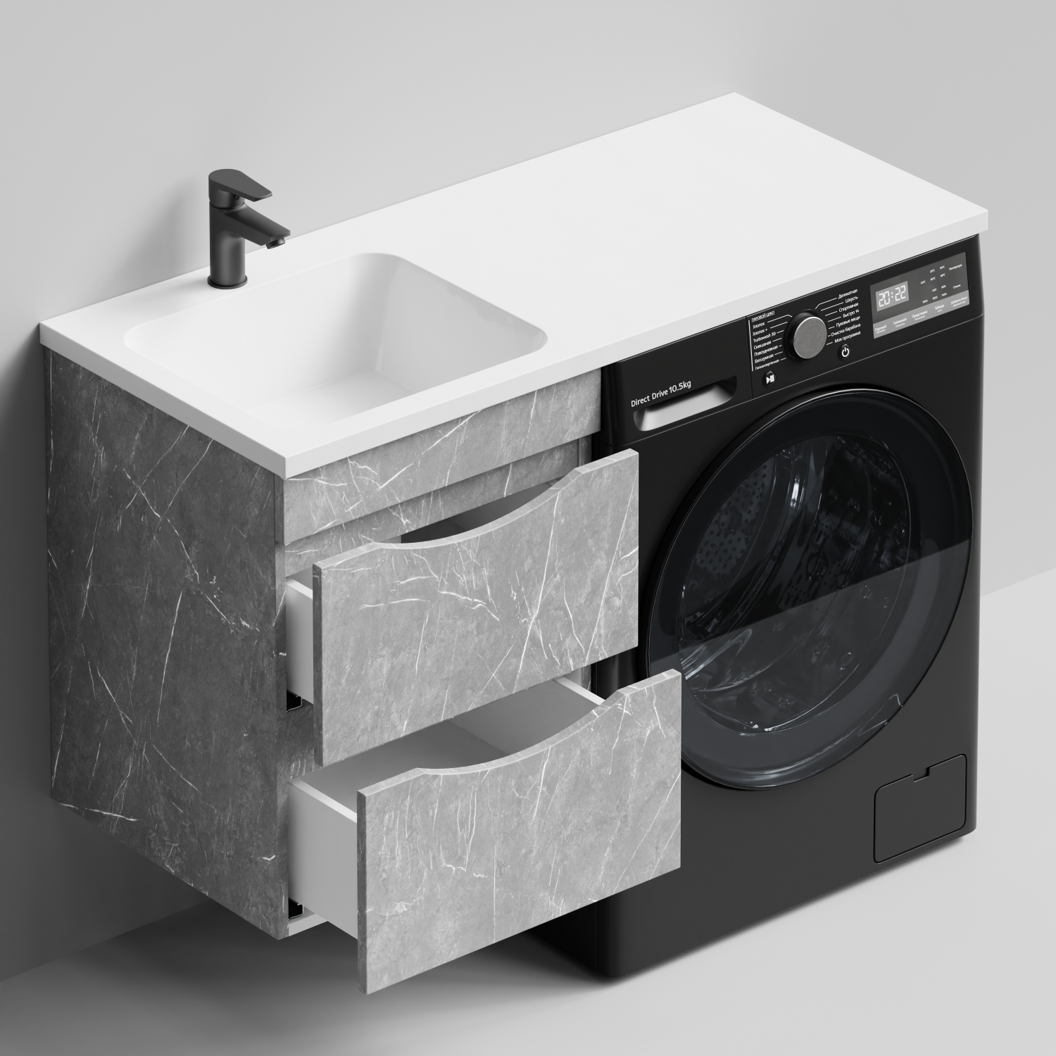 Тумба Vod-ok 48 с раковиной Смайл 110 подвесная, под стиральную машину, левая, Мрамор Белый софт тач