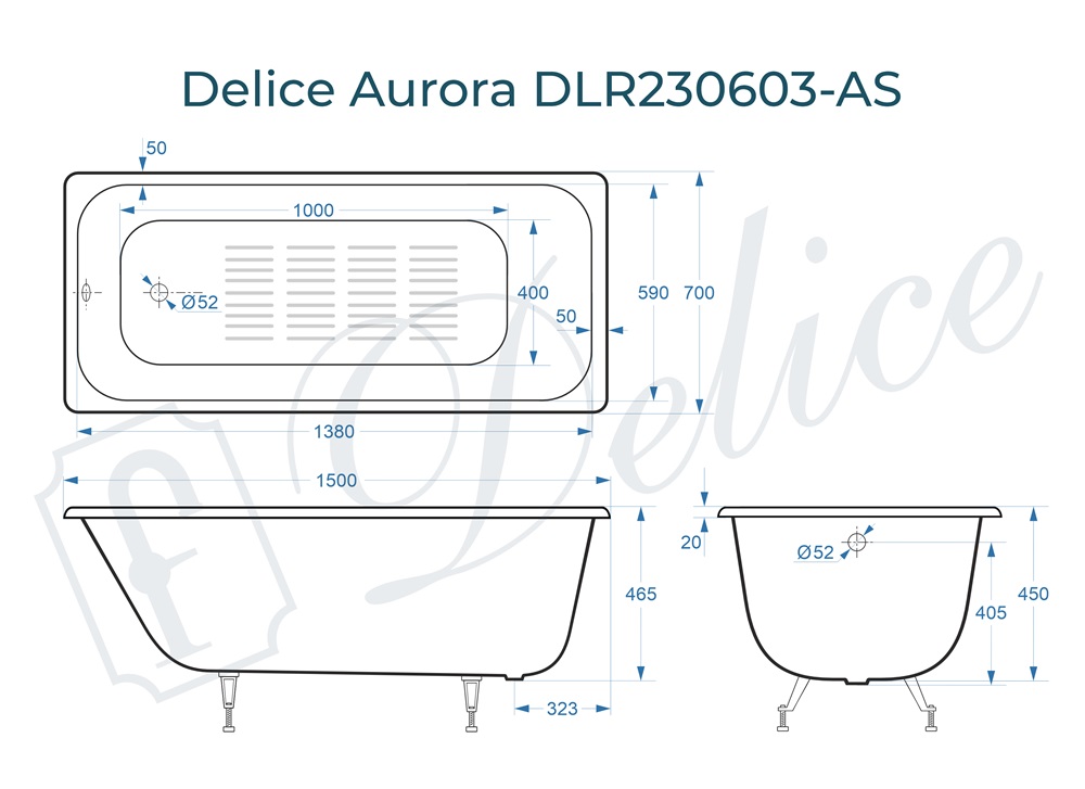 Ванна чугунная Delice Aurora 150х70 DLR230603-AS с антискользящим покрытием