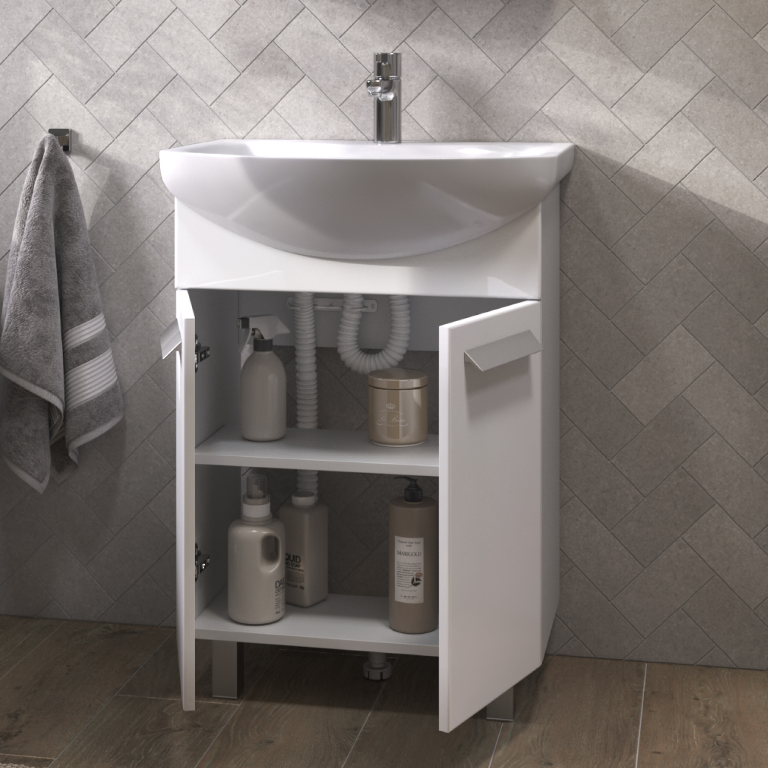 Тумба напольная Vigo Hoska 60 с раковиной Балтика 60, 2 двери, белый