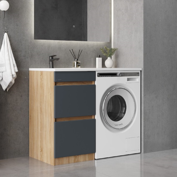 Тумба напольная Onika Милтон 58 с раковиной Марсал 120 под стиральную машину, левая, серая/дуб сонома