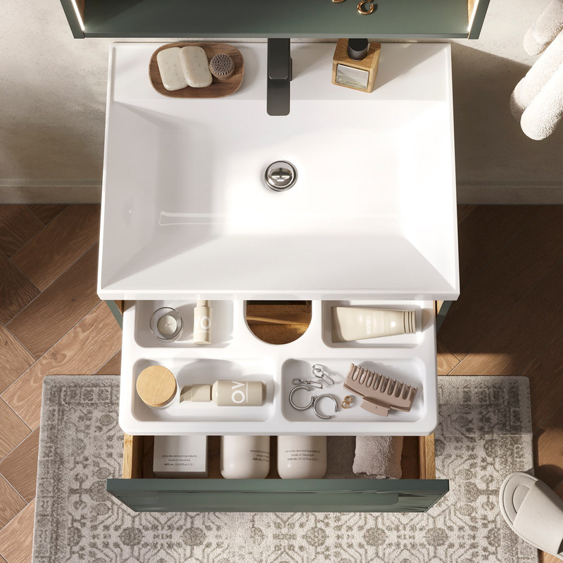 Тумба с раковиной EQUIL Gleam 60 подвесная, один ящик, зеленый камень/дуб вотан