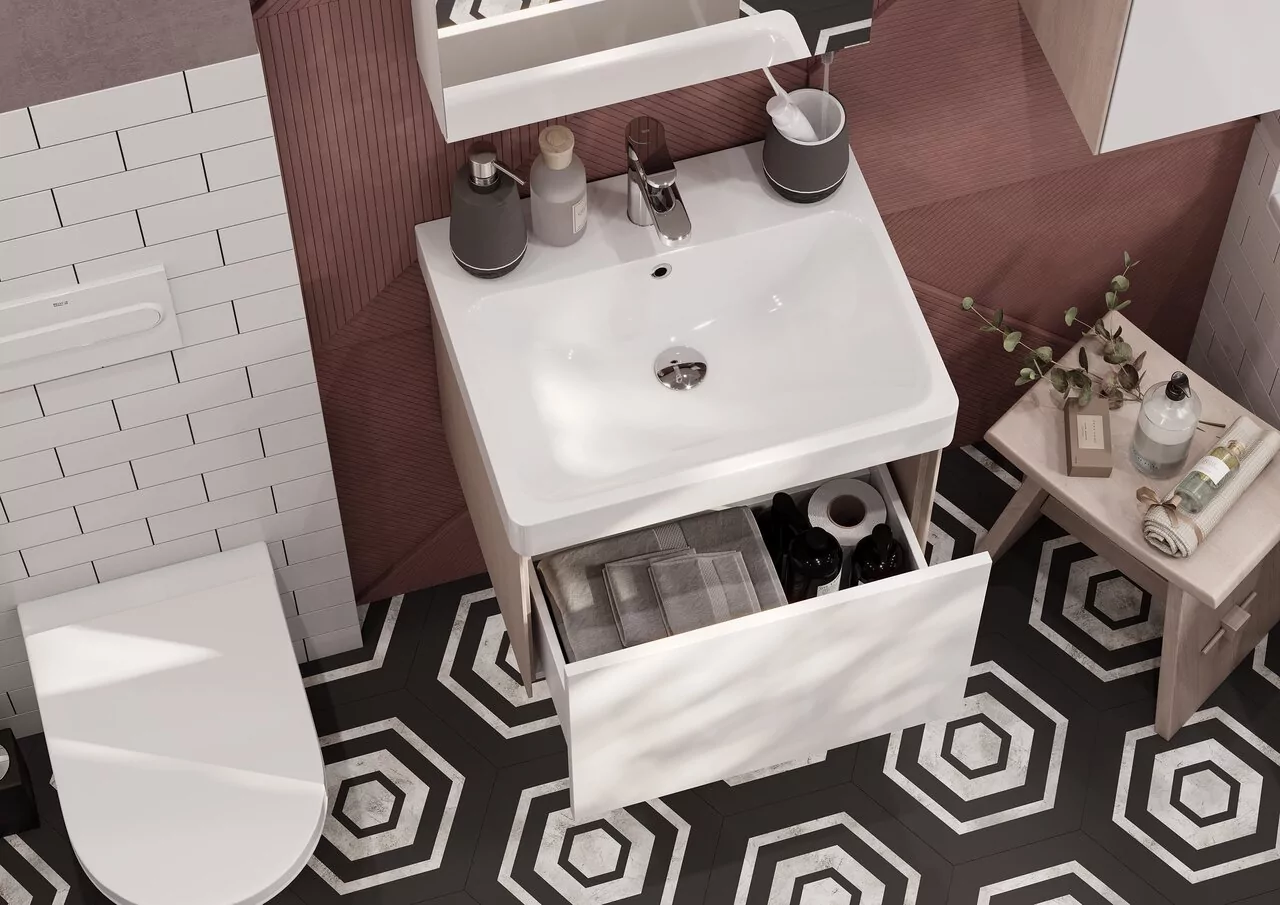 Тумба подвесная Aquaton Асти 55 с раковиной Адриана 55, 1 ящик, белый/ясень шимо от магазина Vanna-Vanna.ru!