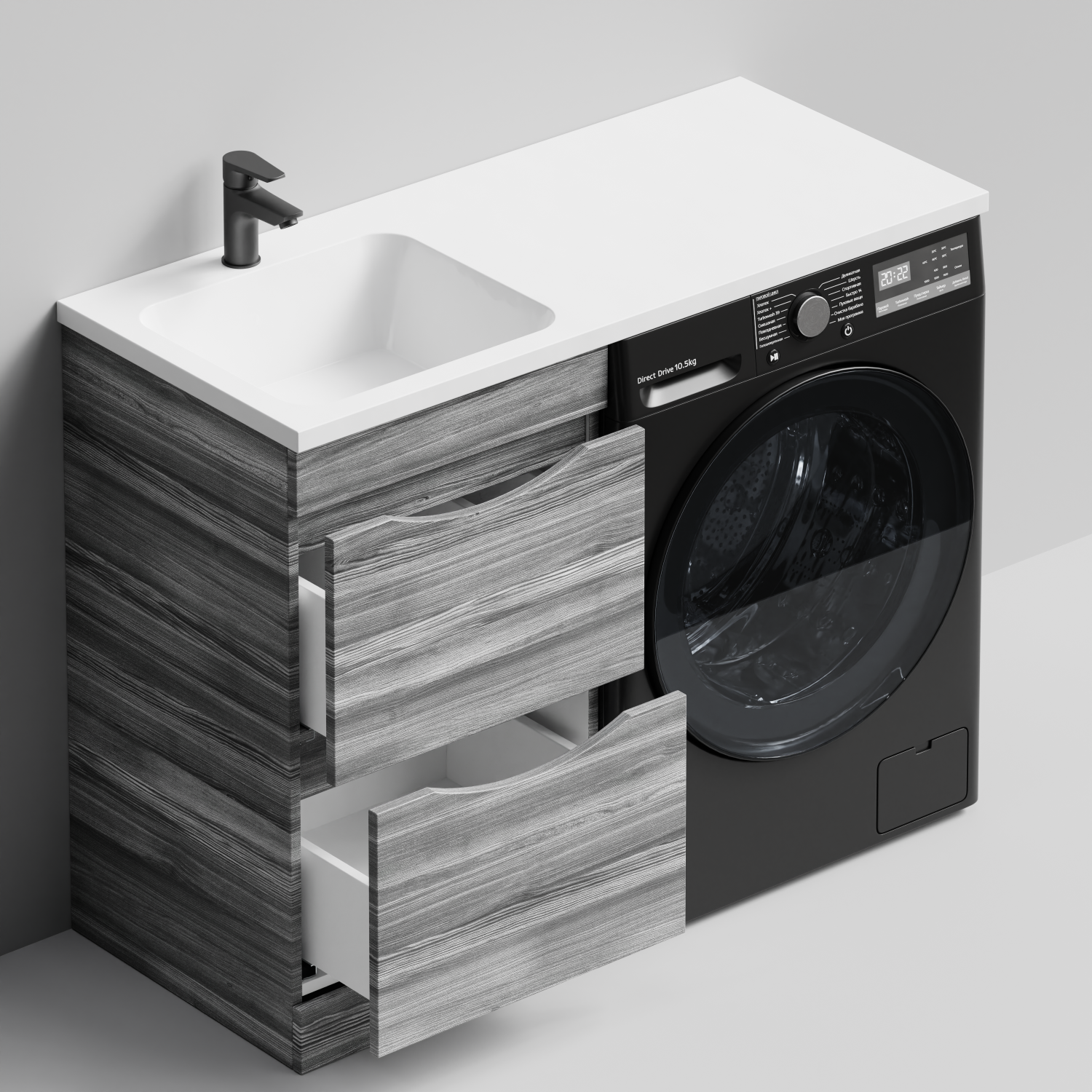 Тумба Vod-ok 48 с раковиной Смайл 110 напольная, под стиральную машину, левая, Лиственница структурная контрастно-серая