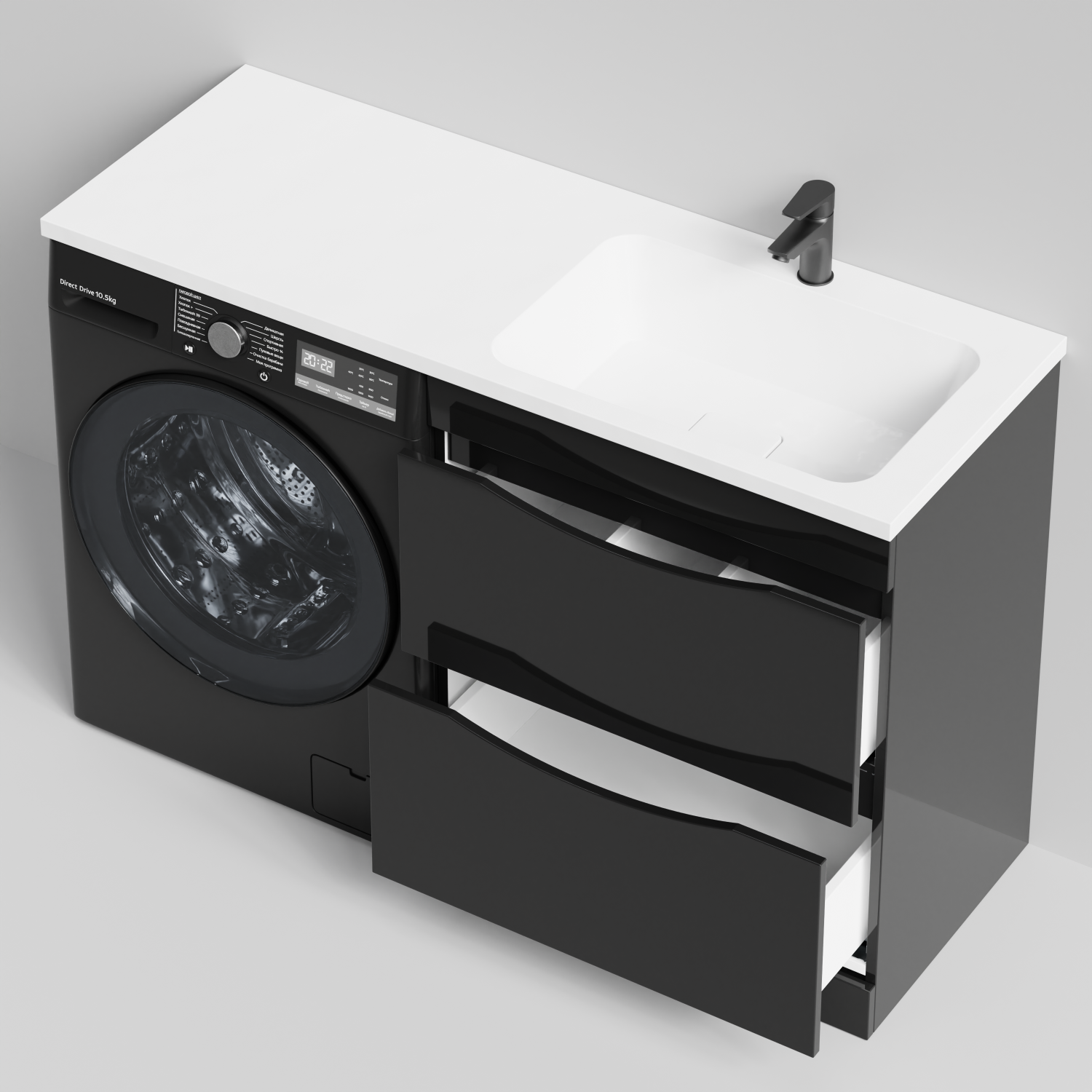 Тумба Vod-ok 68 с раковиной Смайл 130 напольная, под стиральную машину, правая, черный глянец