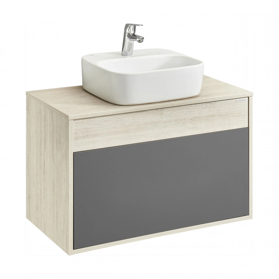 Тумба подвесная Aquaton Лофт Урбан 80 с раковиной Одри 40х42 Soft, серый графит, дуб орегон