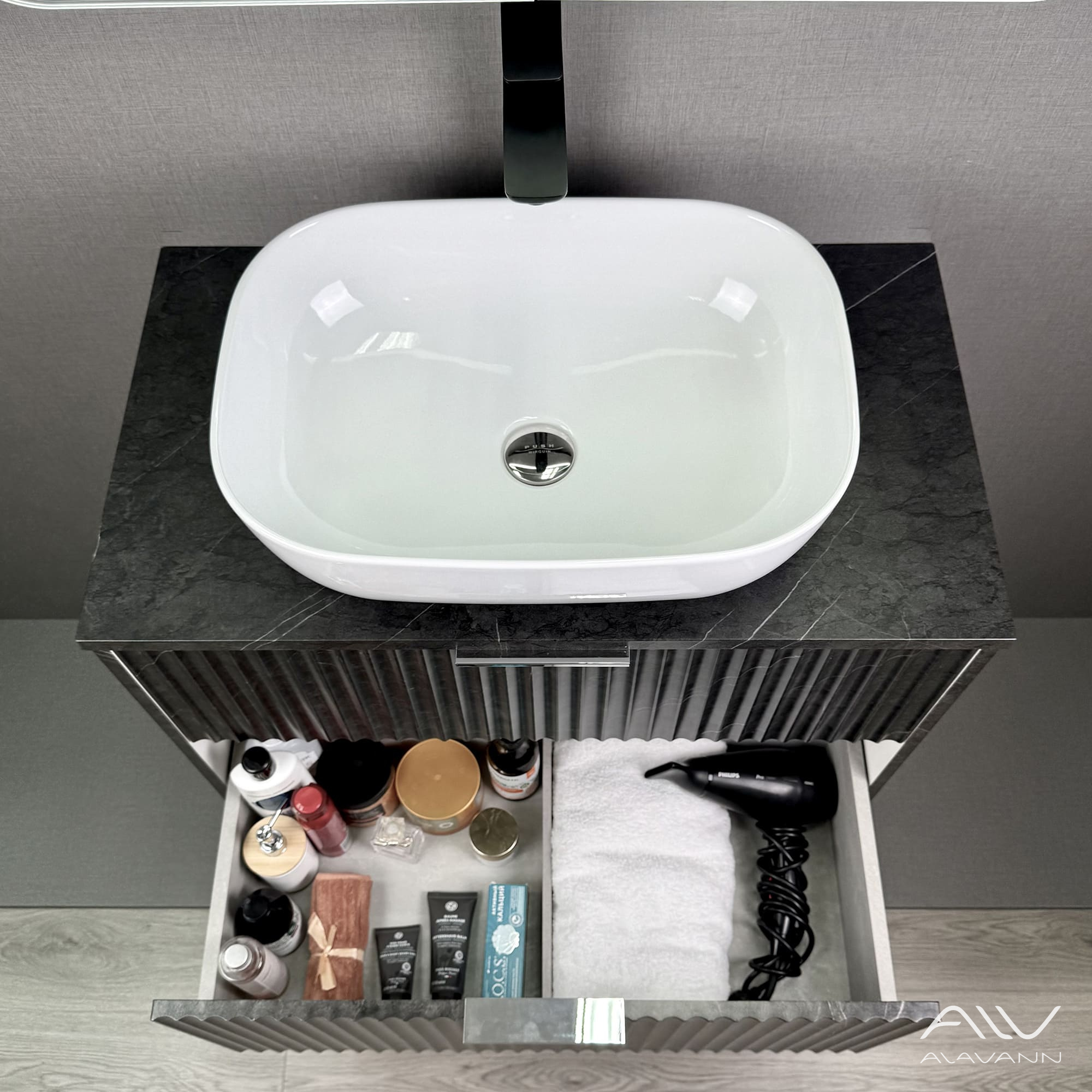 Тумба подвесная Alavann Anna 80 с раковиной Moduo 50 SQUARE, черный мрамор