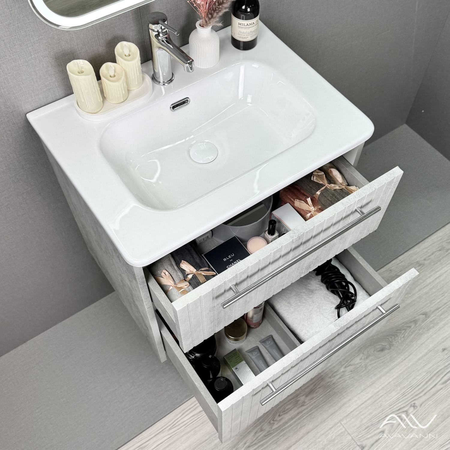 Тумба подвесная Alavann Emma 60 с раковиной Rado 60, серый бетон