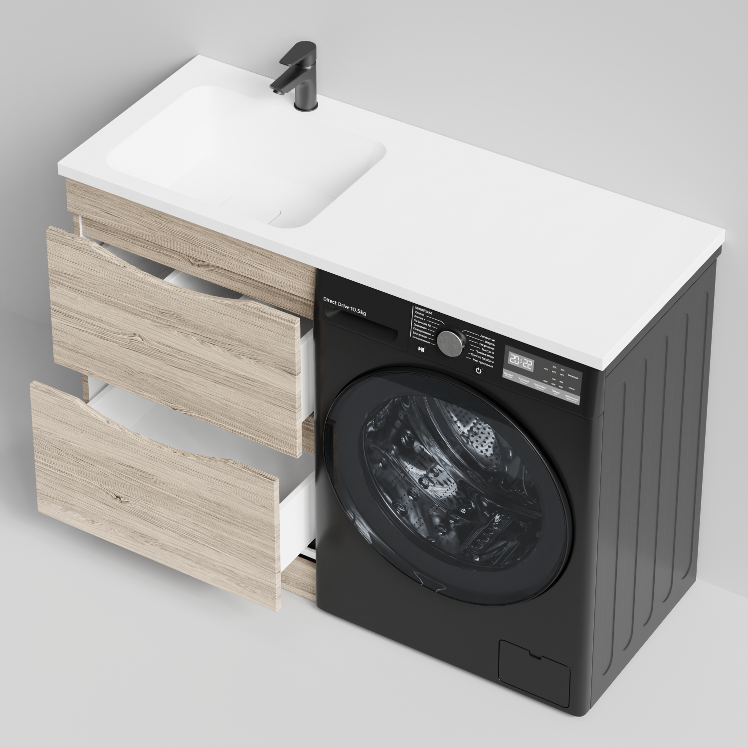 Тумба Vod-ok 58 с раковиной Смайл 120 напольная, под стиральную машину, левая, Дубослив ореховый светлый